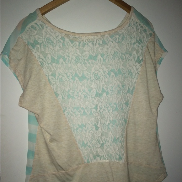 Aqua and white striped sheer top with lace back - Picture 2 of 3