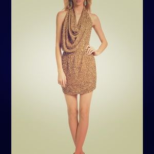 Haute Hippie Gold Sequin Cowl Neck Sheath