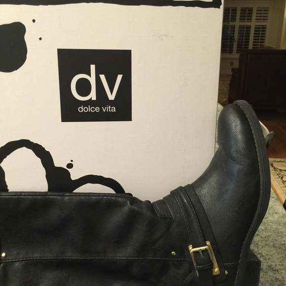 NWT black Dolce Vita boots, gold buckle detail.