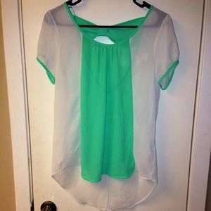 Creamy White w/ Mint Green Blouse Hi-Low Top