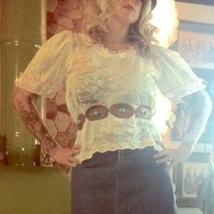 Sheer lace Vintage puff sleeve blouse too shirt Sheer lace Vintage puff sleeve blouse too shirt