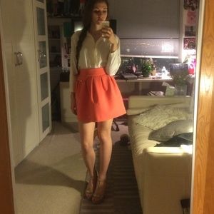 Peach skirt and white blouse