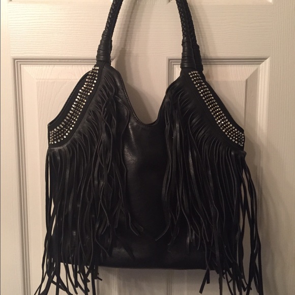 Black leather fringe purse