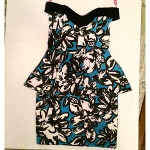 Blue floral peplum party dress strapless