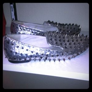glitter spike silver loafers flats