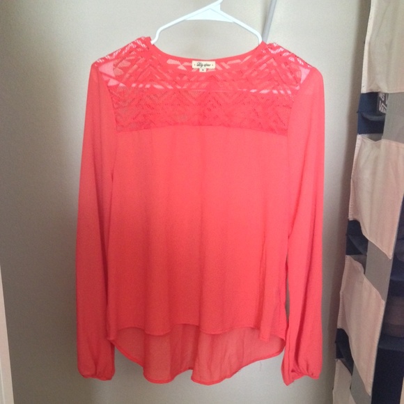 Coral thin silk long sleeve shirt