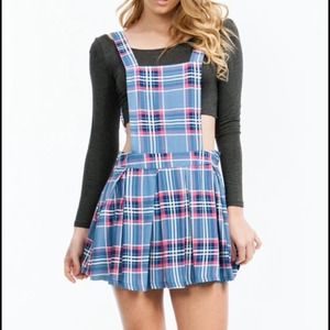 Blue plaid overall bib dress