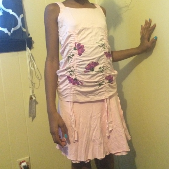 2pc strap flowered shirt an ruffled skirt