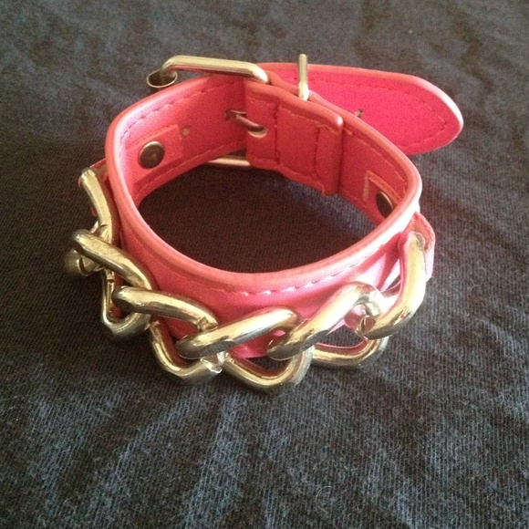 Pink pleather bracelet with silver chain