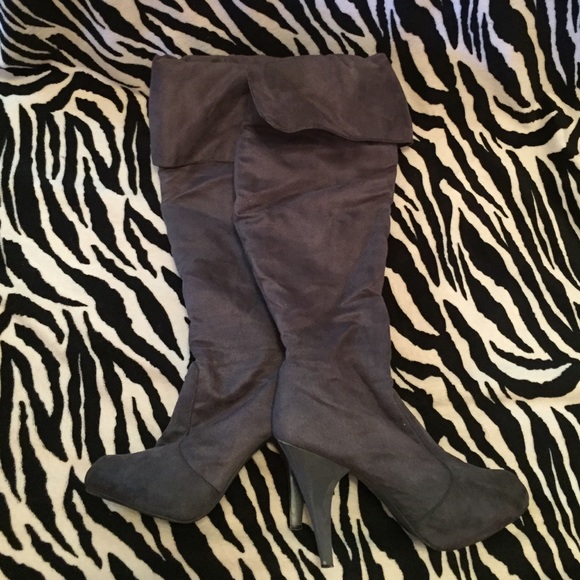 Grey Faux Suede Knee High Boots