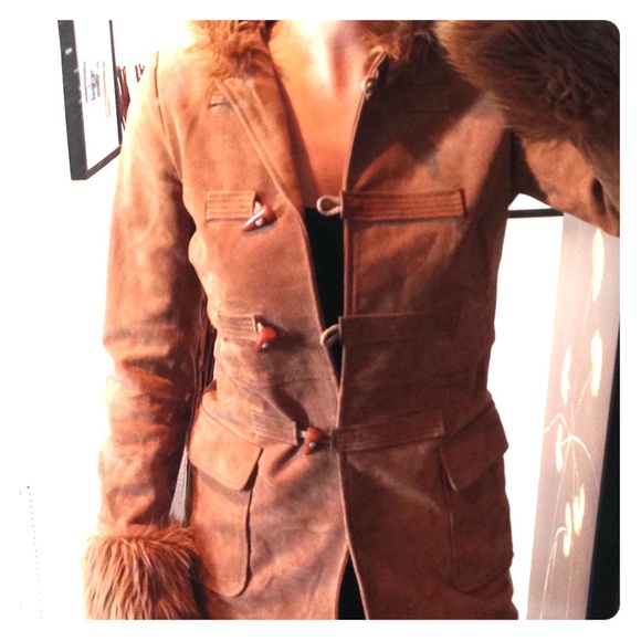 Suede Leather Coat - Fur Trim & Horn Tooth Toggles