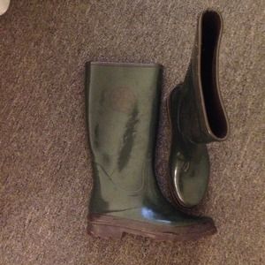 Forest green and brown rain boots