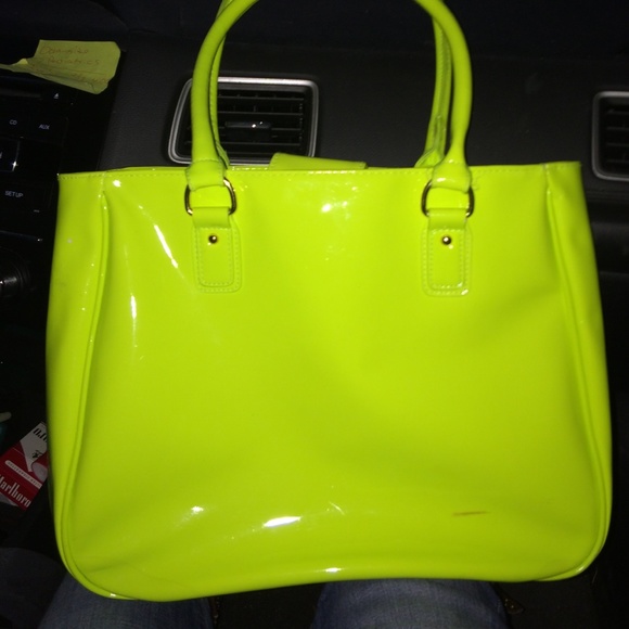Fluorescent yellow handbag with blue fabric lining - Picture 1 of 2