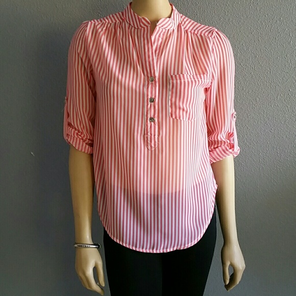 Striped Fold-Up Sleeve Blouse in Pink - Picture 1 of 3