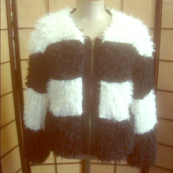 Black and White Stripe Reversible Faux Fur Jacket - Picture 1 of 3