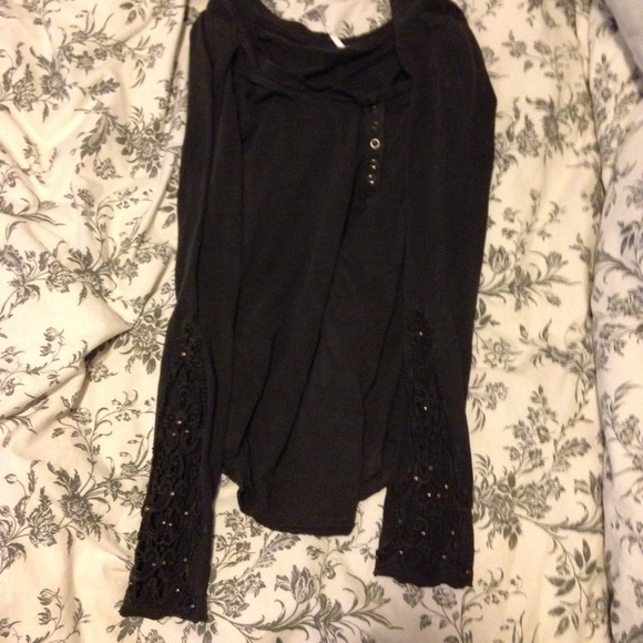 Free People Grey Henley with Embroidered Sleeves