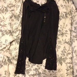 Free People Grey Henley with Embroidered Sleeves