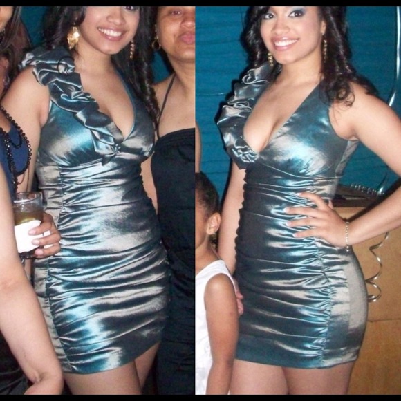 Royal blue and bronze ruffled cocktail Cache dress