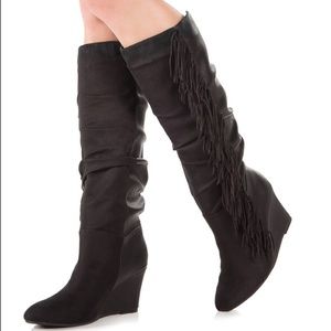 Black Wedge Fringe Boots