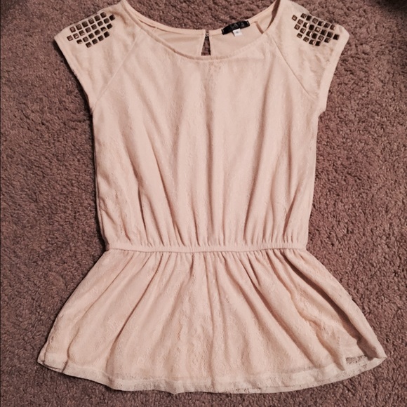 Tops - ivory lace and gold studded shoulder peplum top