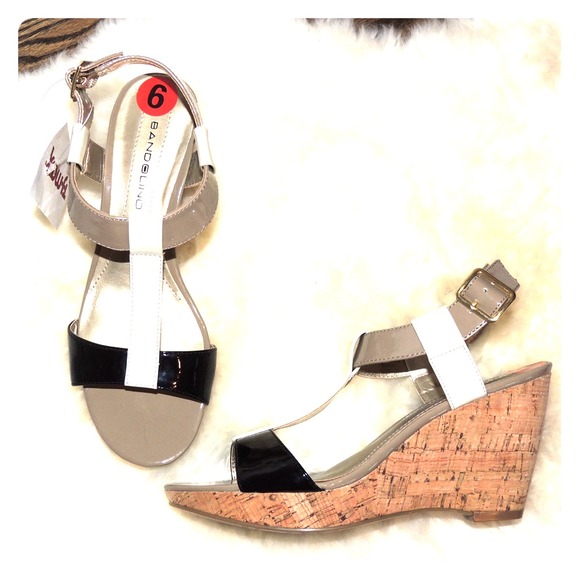 Bandolino Patent Leather T-Strap Cork Wedges