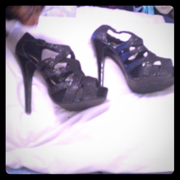 Shoes - Black glitter cage heel sandal platform