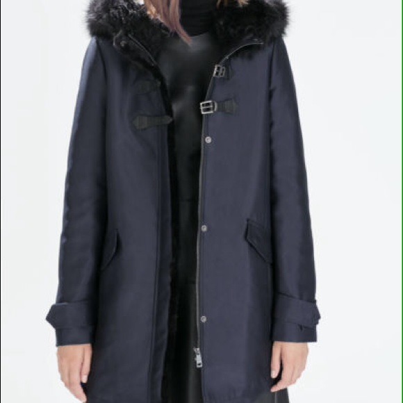 ZARA Faux Fur Hooded Duffle Coat