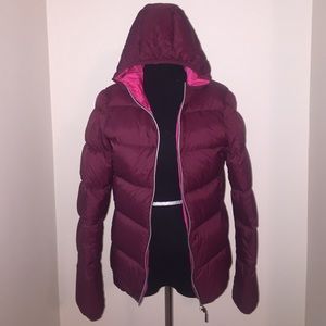 Burgundy/pink foldable/packable down puffer jacket