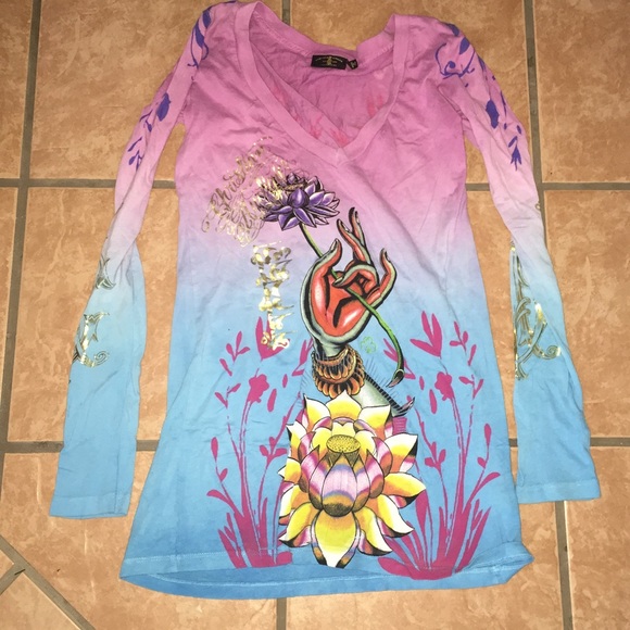 CHRISTIAN Audigier ED HARDY V-Neck SHIRT TOP LOTUS