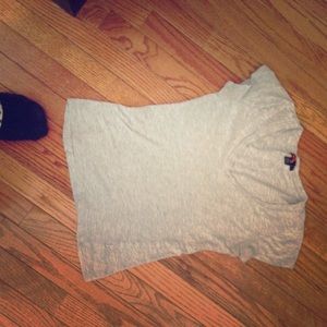 Gray V-neck T-shirt with striped green scarf