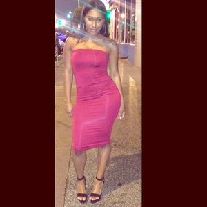 Strapless burgundy dress.