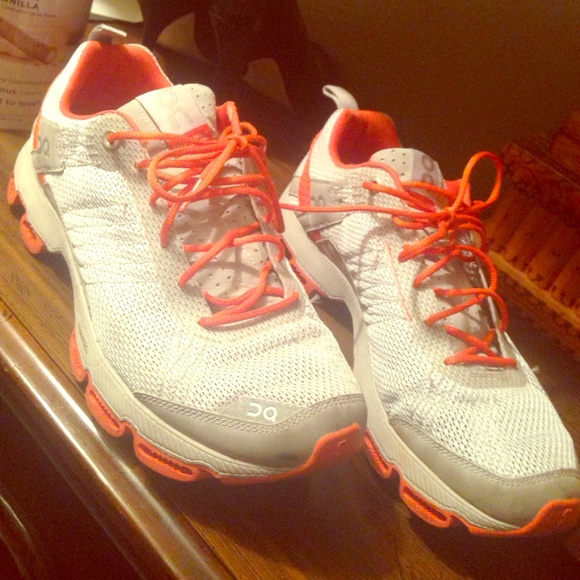 Tennis shoes, orange and silver, grey