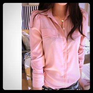 Pink Chiffon Long Sleeve Button-Up Blouse