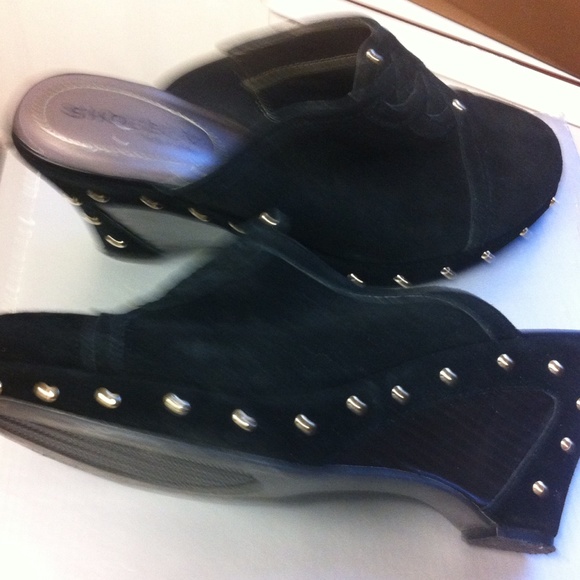 Black Suede Stud Wedge Slip On Booties - Picture 2 of 3
