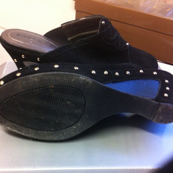 Black Suede Stud Wedge Slip On Booties - Picture 3 of 3