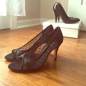 Vintage Peep Toe Metallic Mesh & Satin Black Heels