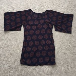 Navy dress with burnt orange swirls