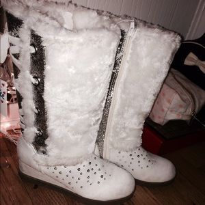 White with silver suede boots.