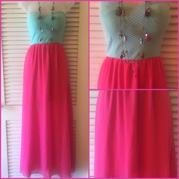 Teal/Pink Maxi 2-Tone Chiffon Dress Medium