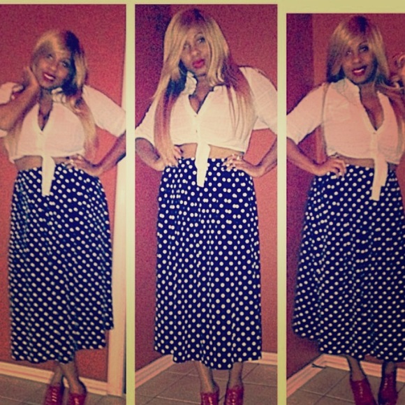 Blue and white polka dot skirt