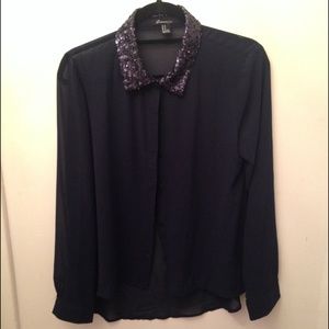 Navy blue sequined collared sheer shirt