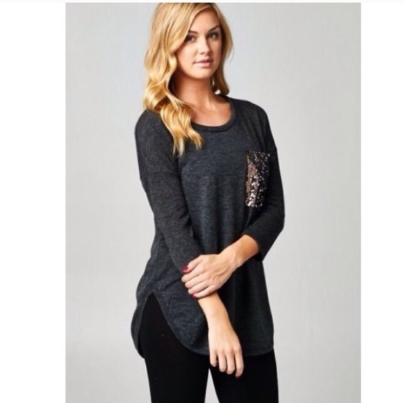 NWOT Sequin Pocket Tee in Charcoal