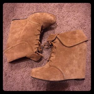 Tan Suede Lace Up Wedge Boots/ Booties