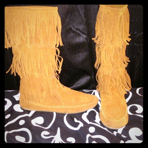 Tan fringe boots