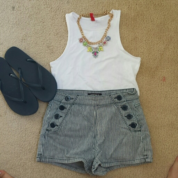 High waisted navy pin striped shorts