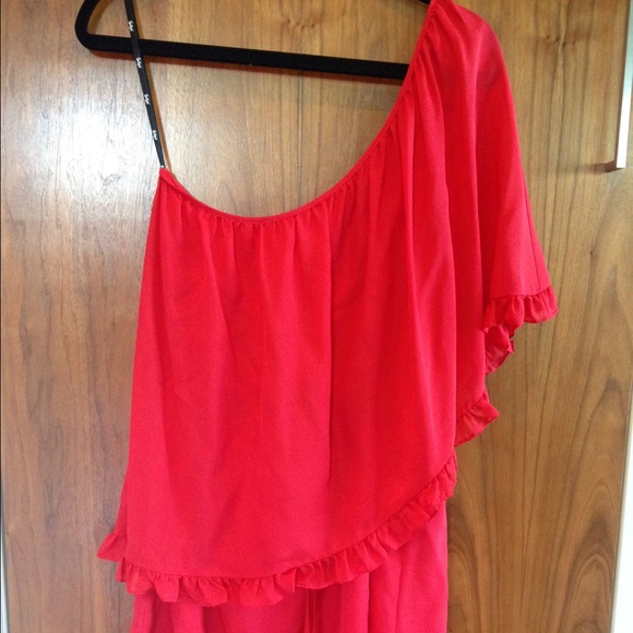 Red One Shoulder Silk Dress with Ruffle - Picture 1 of 4