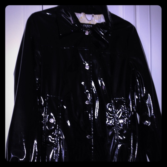 shiny black vinyl raincoat