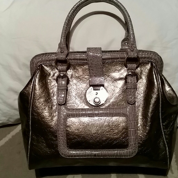 Metalic satchel with grey croc trim