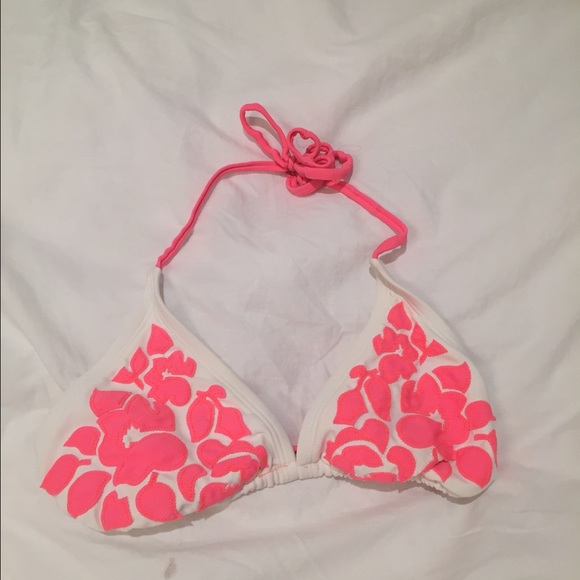 white and pink printed bikini top