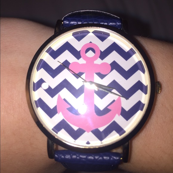 blue, white, and pink nautical watch